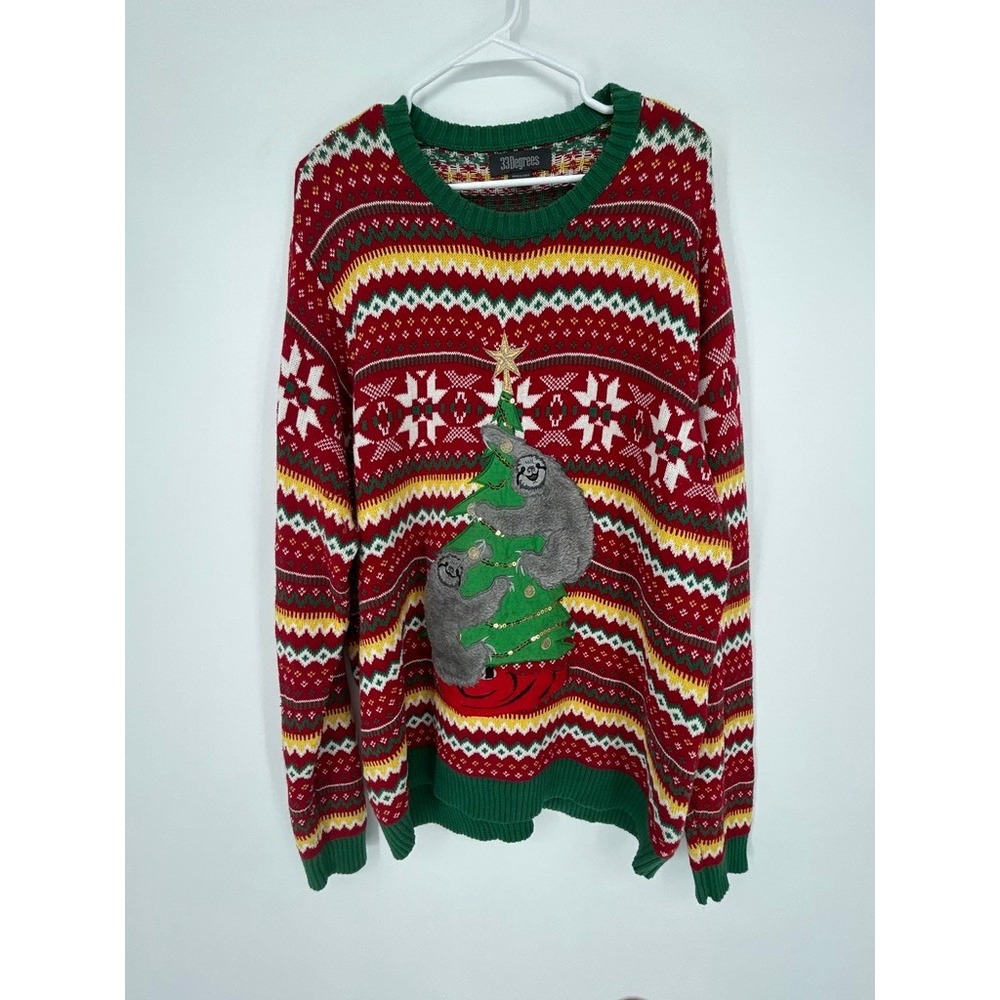 33 Degrees XL Ugly Christmas Sweater Sloth Tree Fair Isle Novelty Holiday Retro
